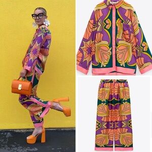 ZARA ✨BLOGGERS FAV✨ Colorful Printed Satin Pajama Style Set Pants & Shirt